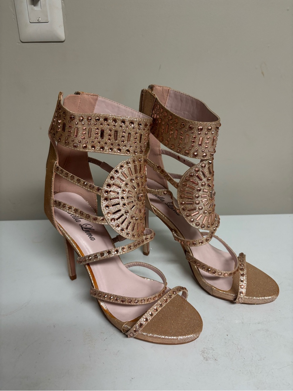 Embellished Rose Gold High Heel Sandals